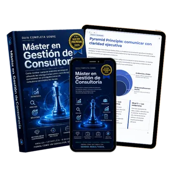 Guía completa Máster en Gestión de Consultoría — libro, tablet y smartphone con portada azul corporativa